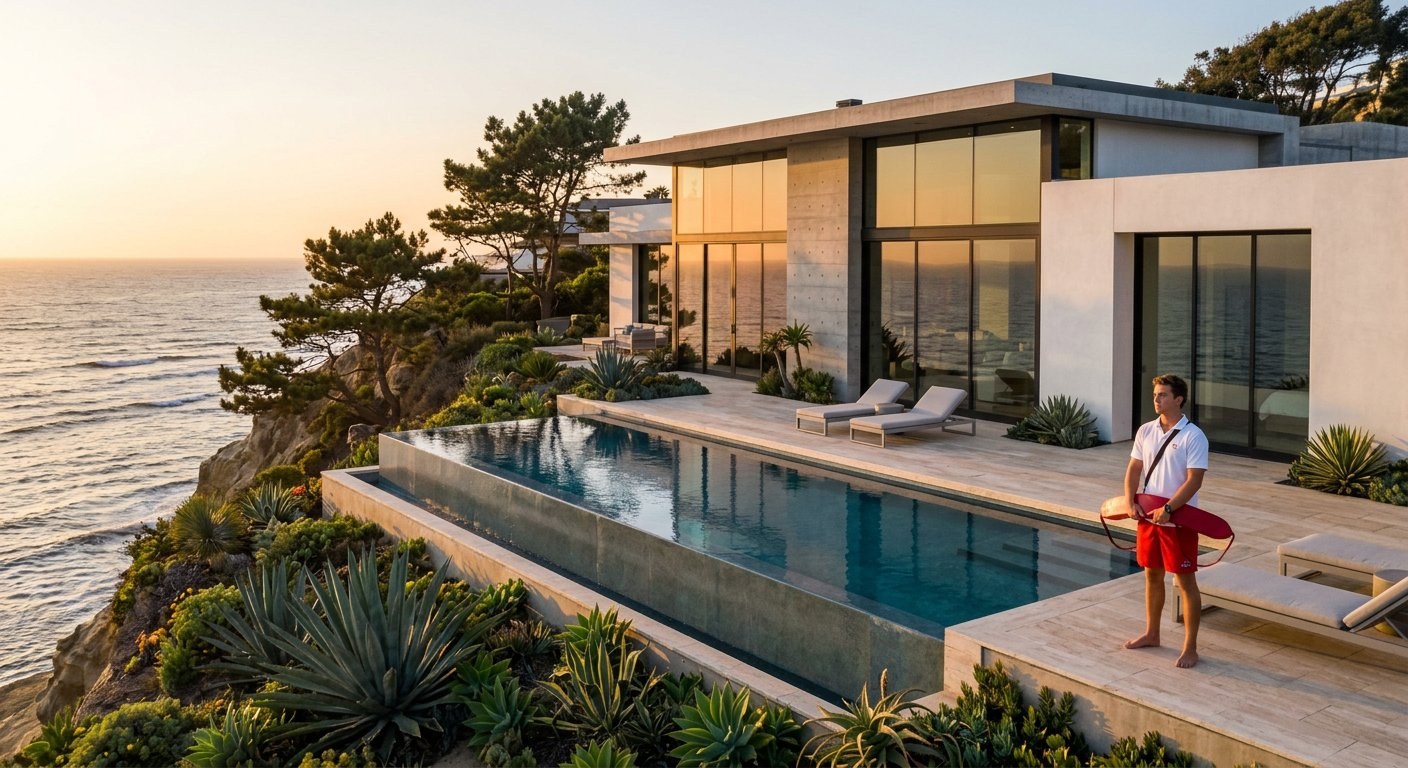 Contemporary La Jolla cliffside estate with negative-edge infinity pool overlooking the Pacific Ocean at golden hour with professional lifeguard